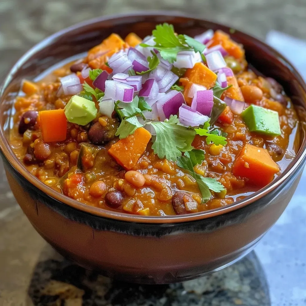 Side view of a bowl filled with vibrant Lentil Sweet Potato Chili with visible ingredients.