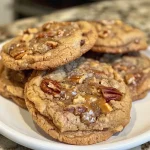 Close-up of loaded butterscotch toffee pecan cookies with a golden-brown exterior.