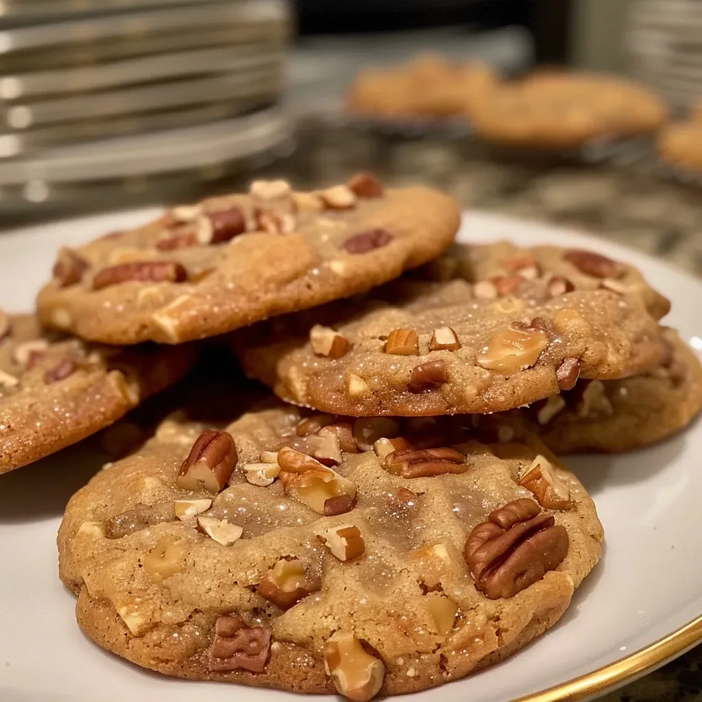 Side view of freshly baked cookies filled with butterscotch chips and pecans.