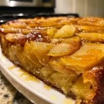 A side view of a delicious Maple Apple Upside-Down Cake showcasing caramelized apples on top.