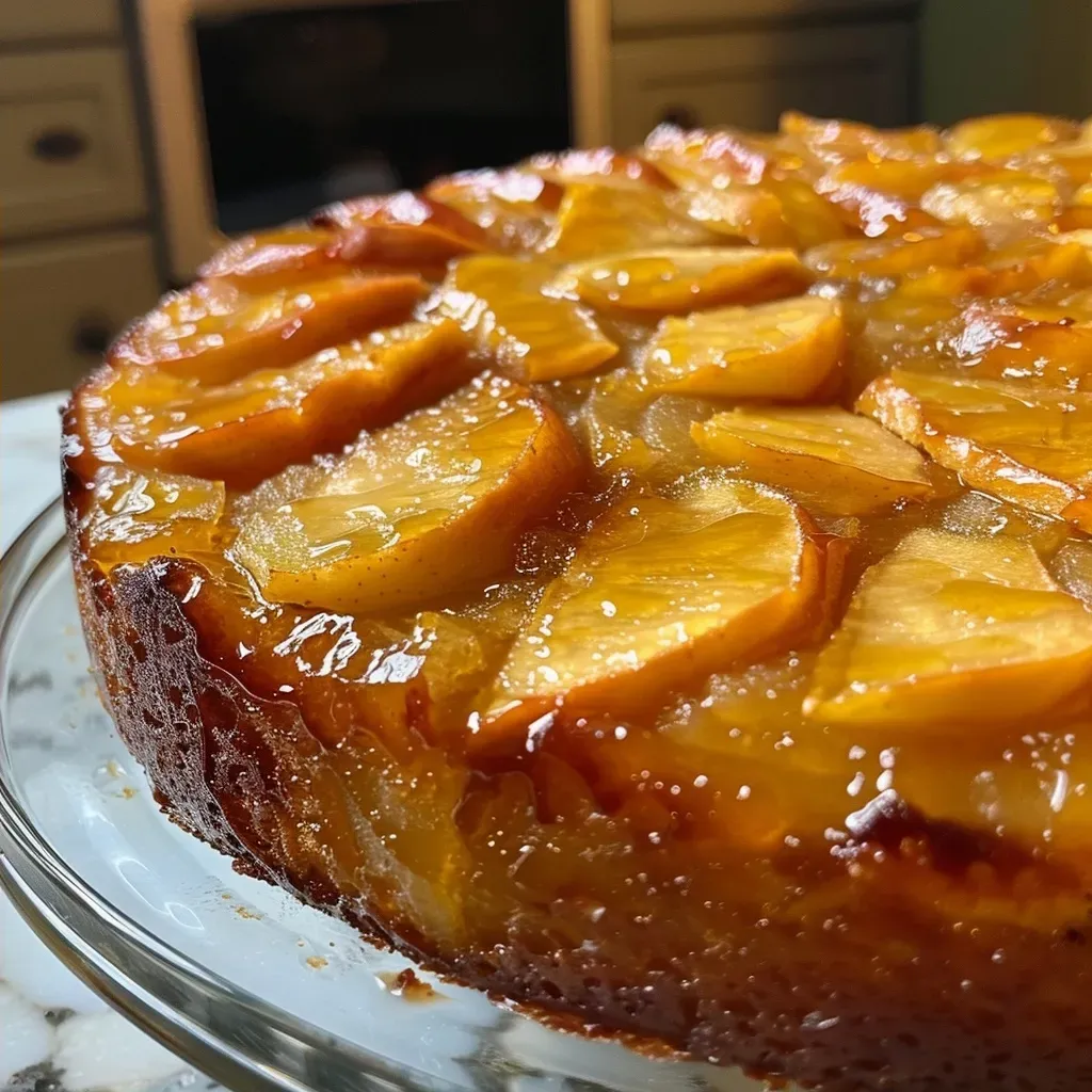 Close-up image of a moist upside-down cake with apples and maple syrup glaze.