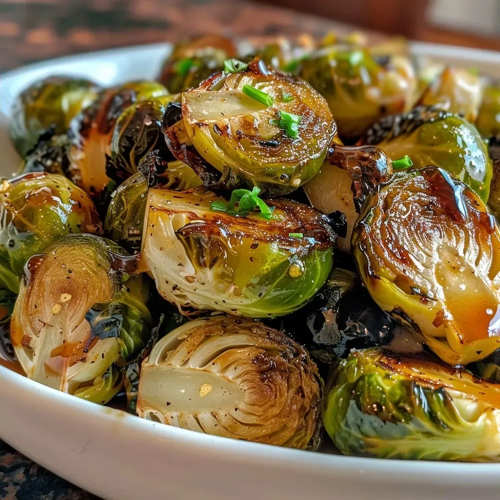 Side view of caramelized Brussels sprouts with a glossy finish of maple and balsamic.