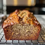 Close-up view of a slice of Maple Banana Bread with a glossy maple syrup topping and walnut pieces.