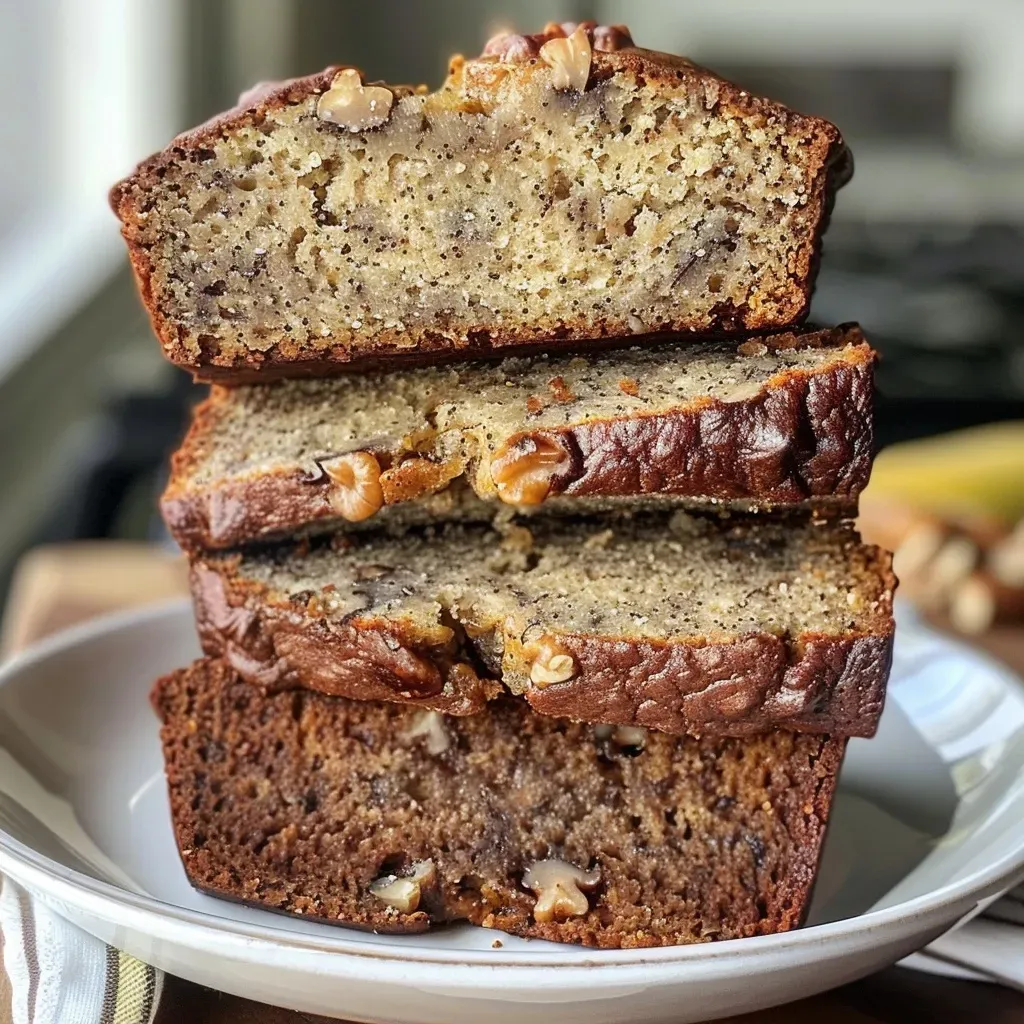 Side angle of a moist loaf of Maple Banana Bread, showcasing its golden-brown crust and topped with syrup.