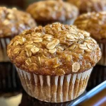 A side view of freshly baked Maple Brown Sugar Oatmeal Muffins, showing a golden-brown top and a moist interior texture.