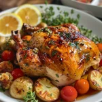 Juicy Maple Butter Roast Chicken garnished with herbs and surrounded by colorful vegetables.