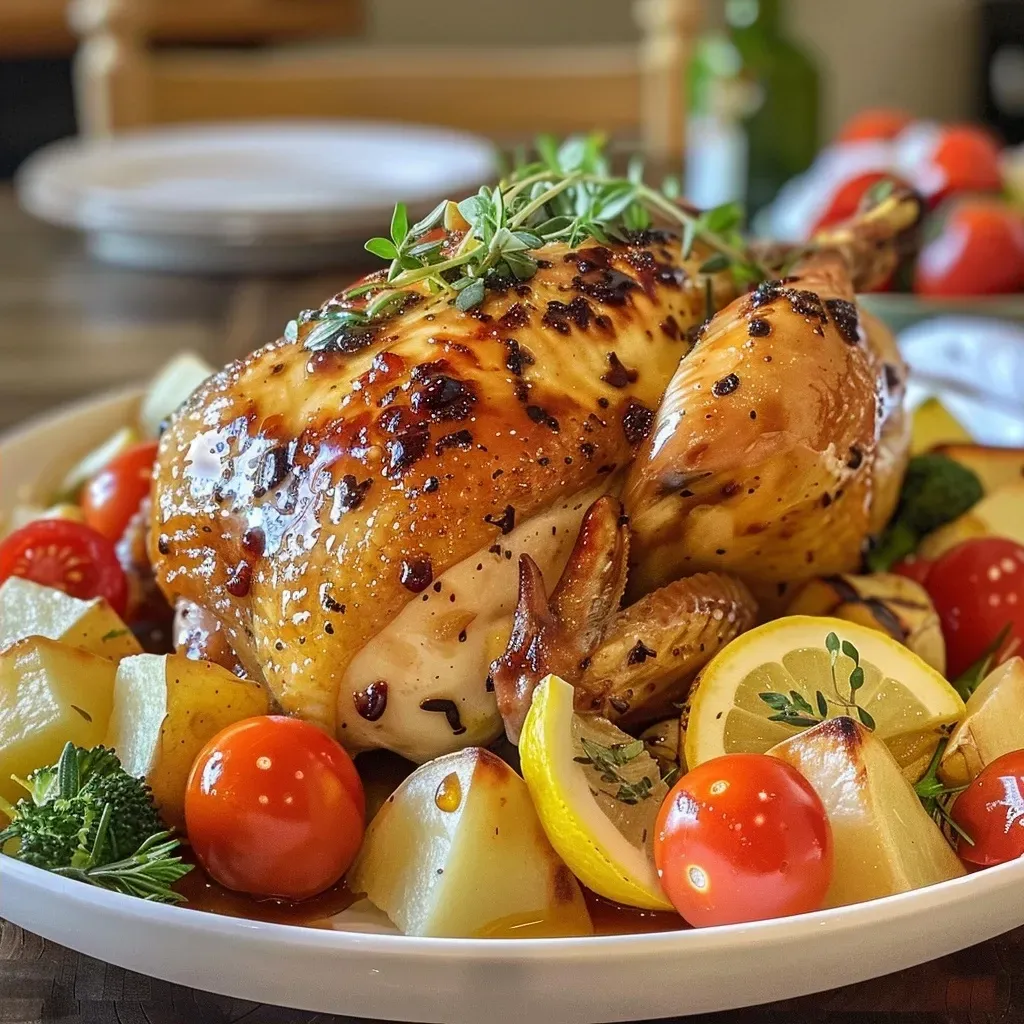 Close-up of a roasted chicken glazed with maple butter, served with potatoes and cherry tomatoes.