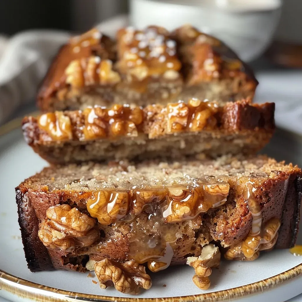 Side perspective of freshly baked banana walnut bread drizzled with maple glaze.