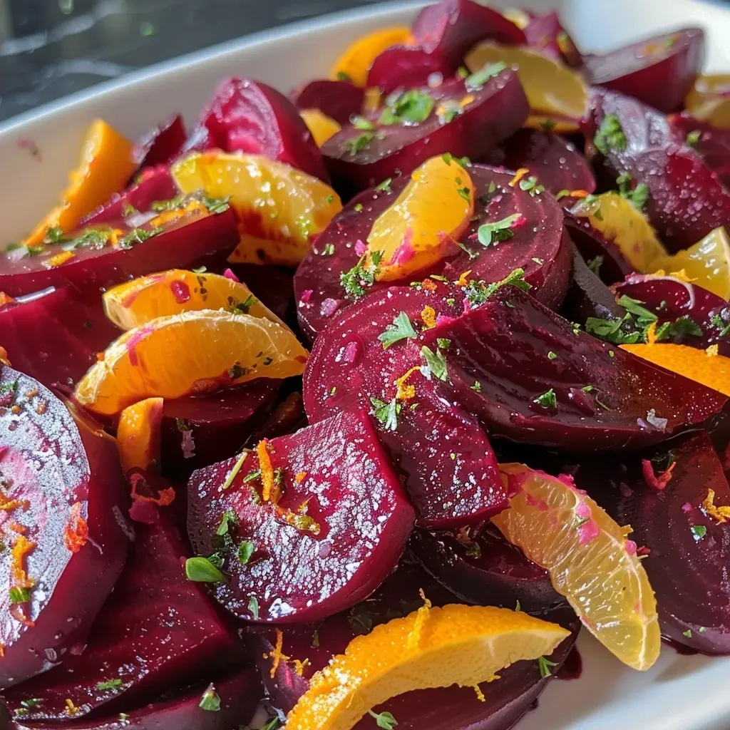 Side view of succulent maple glazed roasted beets, showcasing their glossy finish and orange zest.