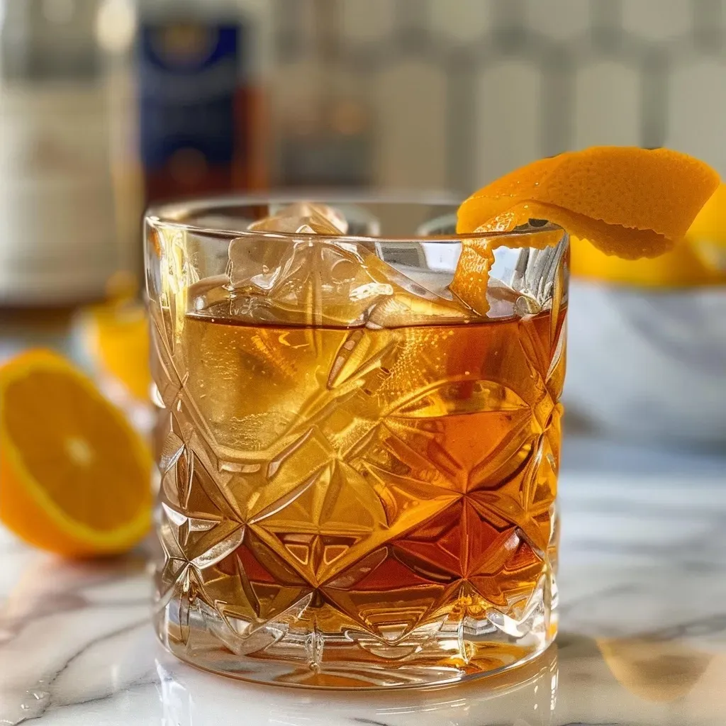 Close-up of a Maple Old Fashioned drink, showcasing its rich color and ingredients.