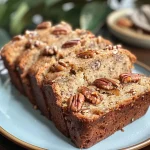 Close-up of a slice of Maple Pecan Bread topped with glaze and chopped pecans.
