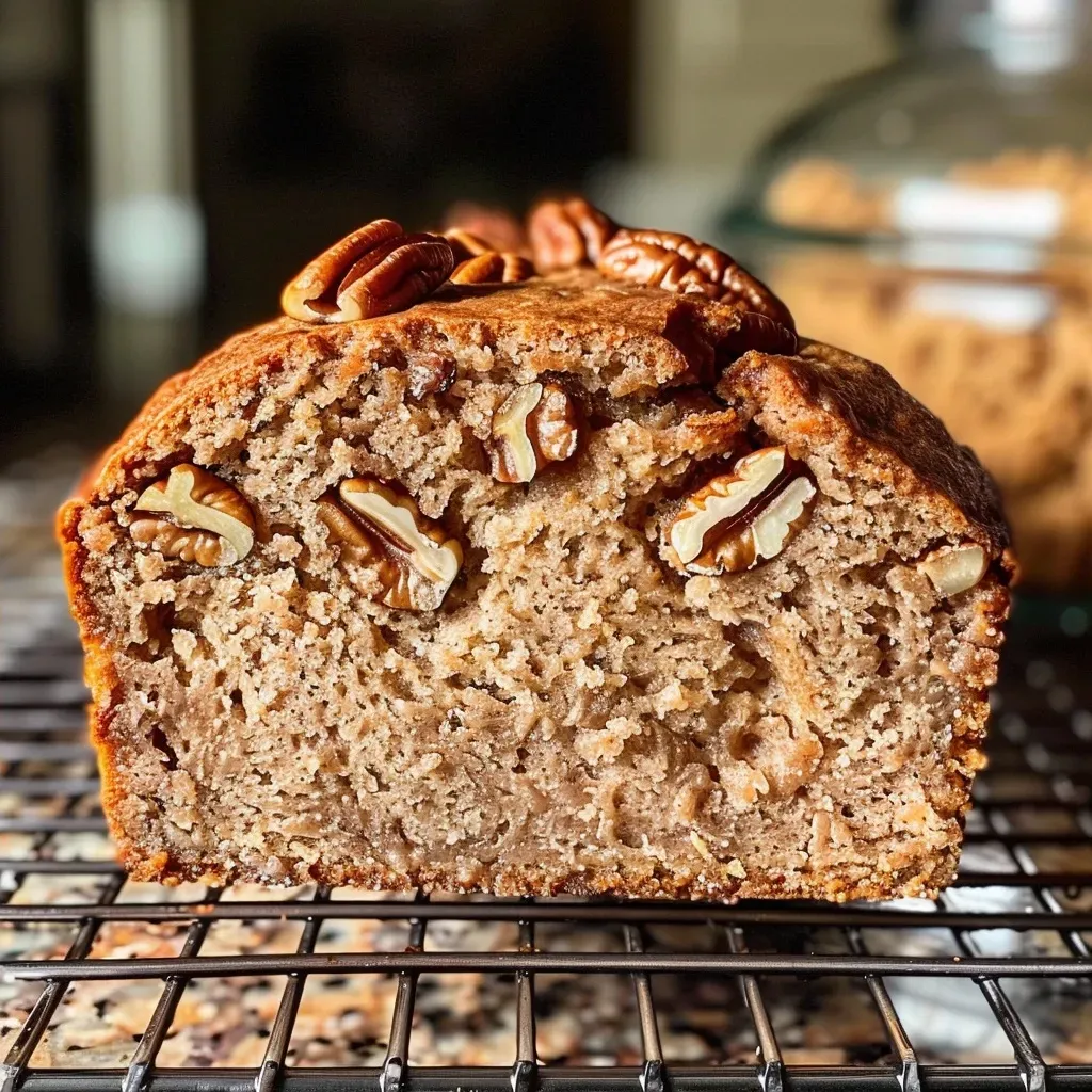 Side view of Maple Pecan Bread showcasing its moist texture with pecans sprinkled on top.
