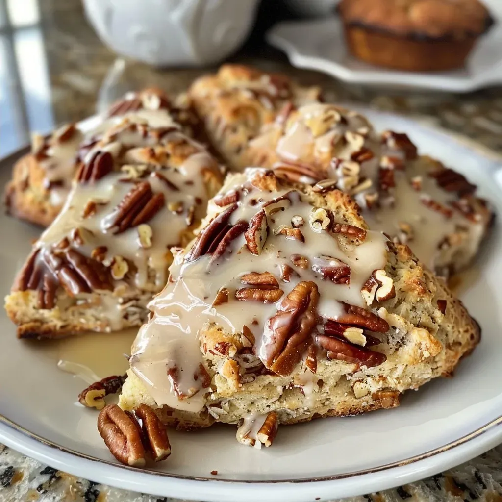 Side view of fluffy maple scones with a glossy glaze and pecan topping.