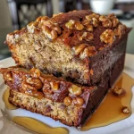 Close-up view of a slice of Maple Walnut Banana Bread showing its moist texture and nutty walnut pieces.