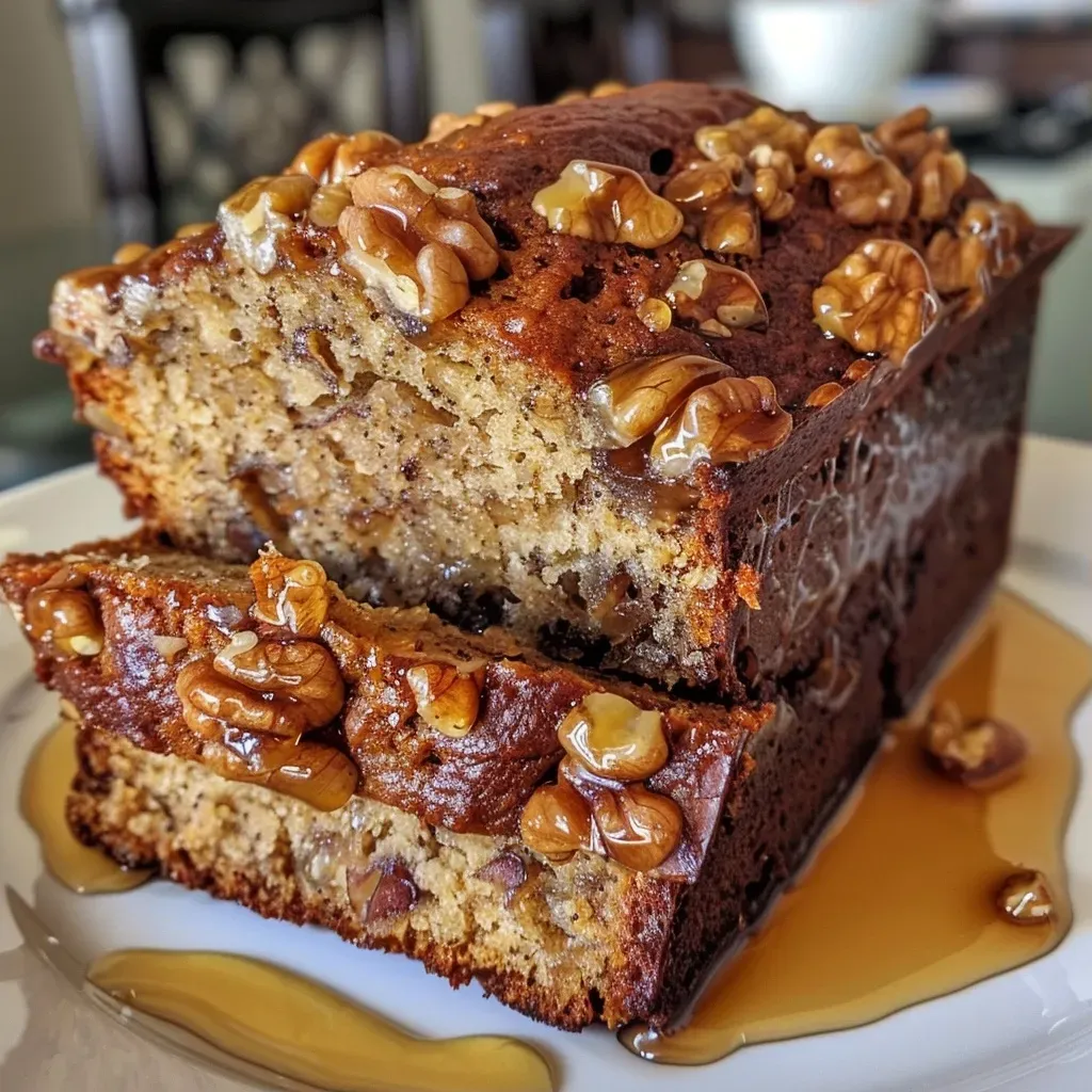 A close-up view of Maple Walnut Banana Bread with a golden crust and walnut pieces.
