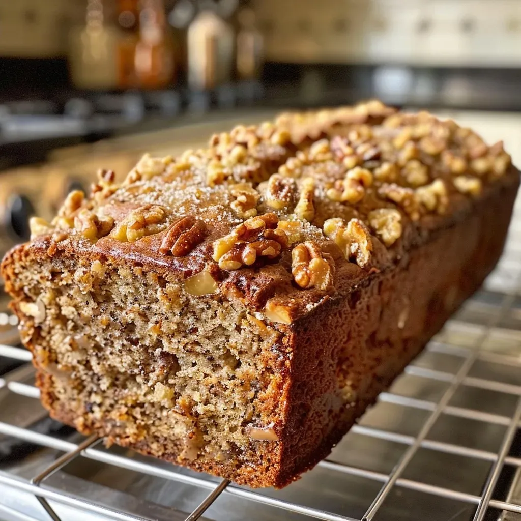Side photo of Maple Walnut Banana Bread highlighting the golden-brown crust and soft interior filled with walnuts.