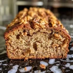 Close-up side view of vegan Maple Walnut Bread, showcasing its textured crust and walnut pieces.