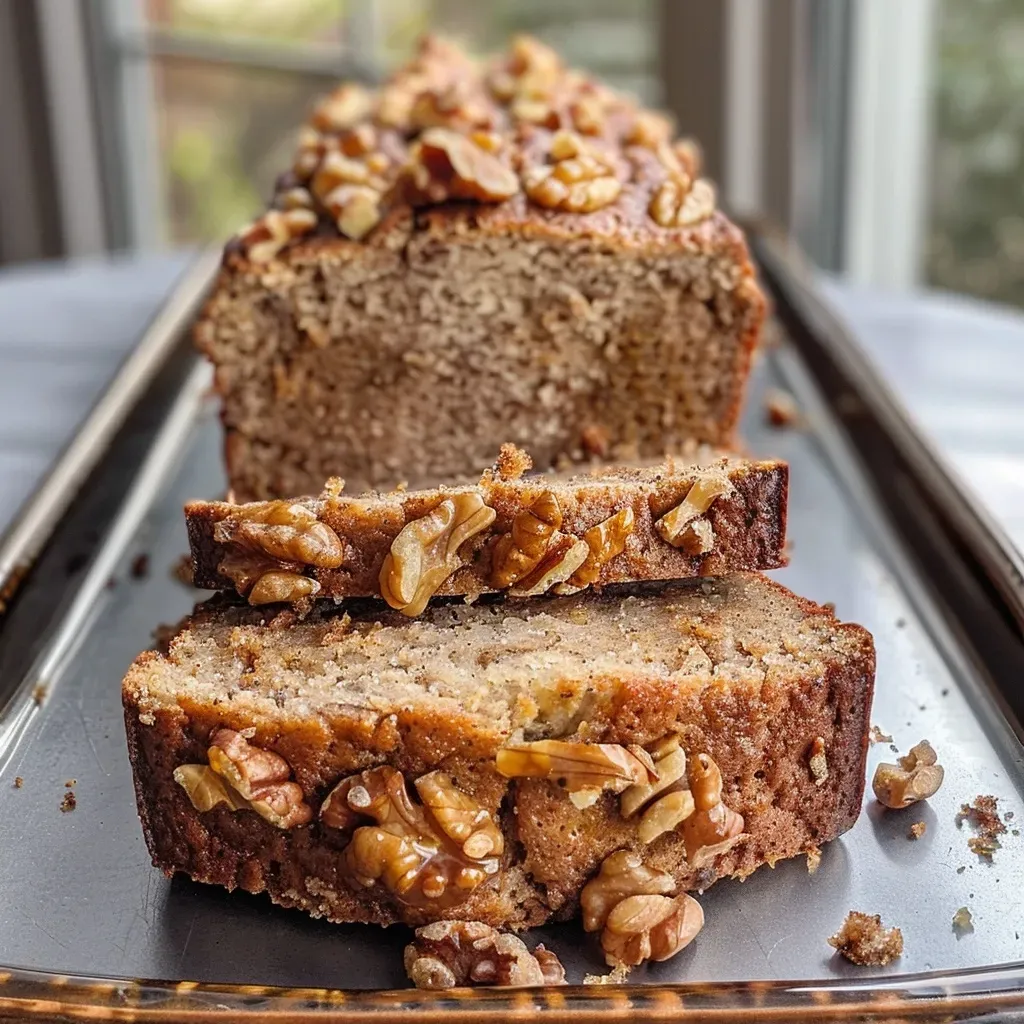 A slice of Maple Walnut Bread with a golden crust and visible chunks of walnuts, viewed from the side.