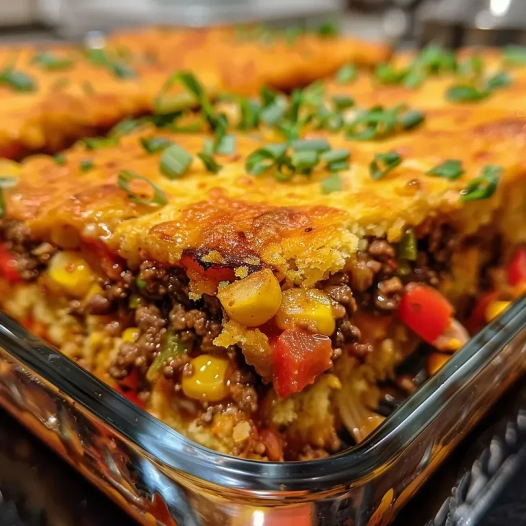 A Flavorful Fiesta in a Dish: My Family’s Mexican Corn Bread Casserole Close-up of a golden-brown Mexican Corn Bread Casserole with melted cheese and colorful vegetables.
