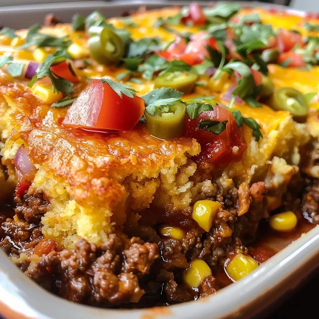 Juicy Mexican Corn Bread Casserole served in a dish, showcasing layers of corn and meat.