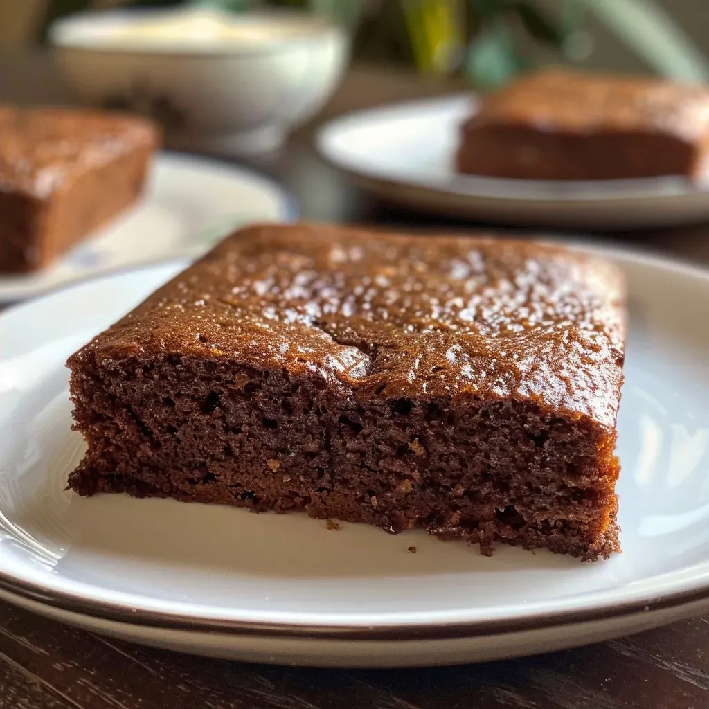 A slice of delicious molasses cake displayed on a plate, showing its soft texture.