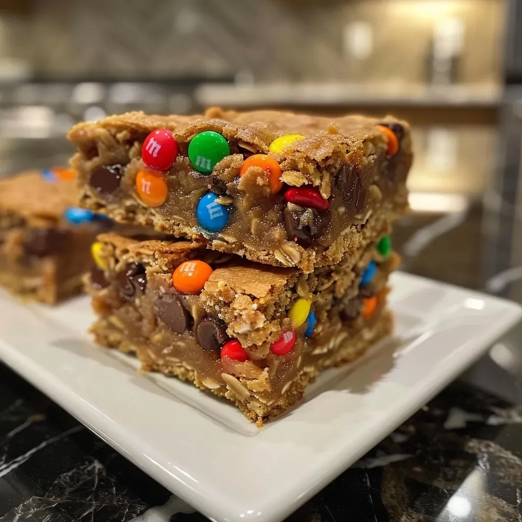 Side view of chewy Monster Cookie Bars loaded with colorful candies.