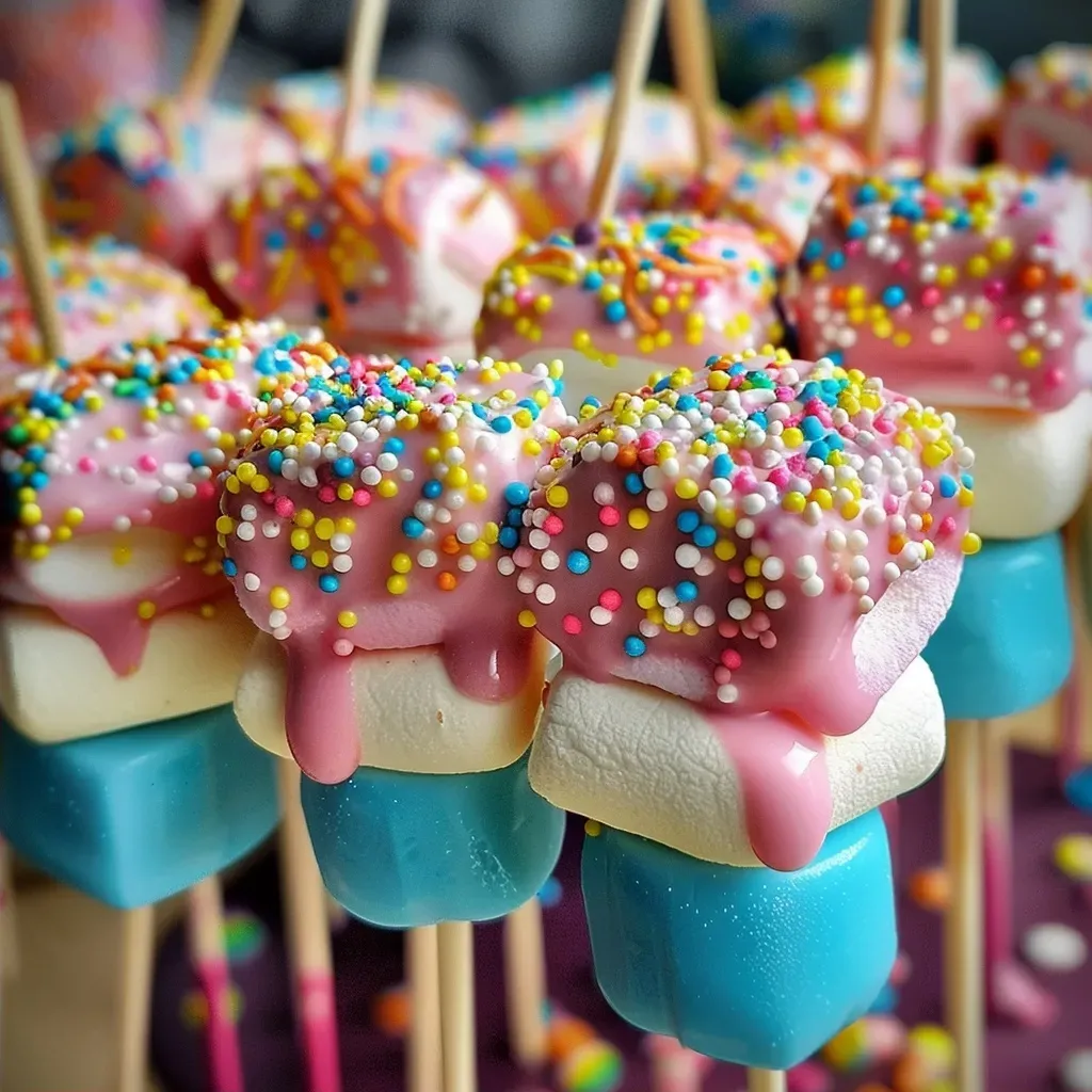 Close-up side view of Monster Marshmallow Pops showcasing icing and colorful edible decorations.
