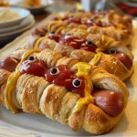 Close-up view of Mummy Dogs wrapped in crescent roll dough with eyeball sprinkles.