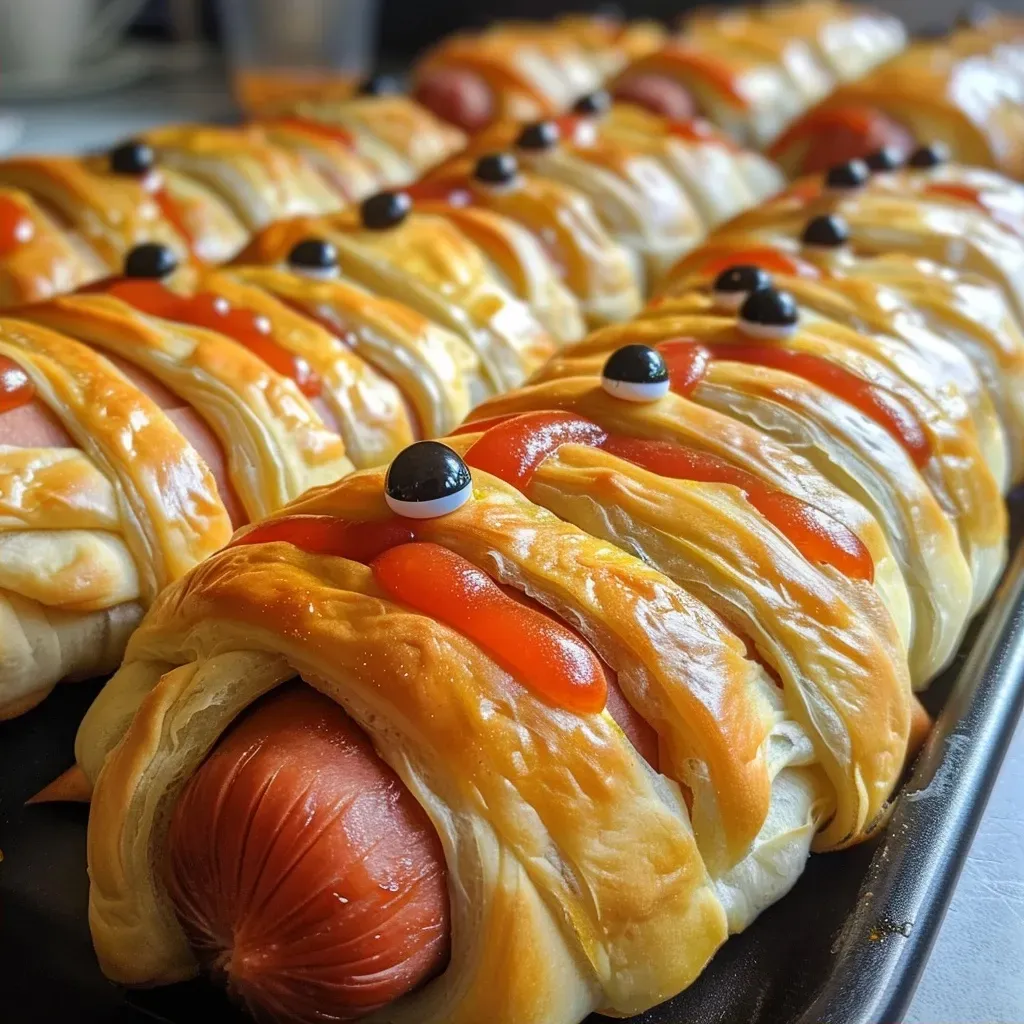 Juicy Mummy Dogs featuring hot dogs wrapped in flaky pastry and decorated with edible eyeballs.