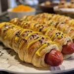 Close-up of Mummy Hot Dogs wrapped in crescent roll dough with mustard and ketchup.