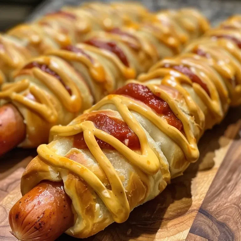 A close-up view of Mummy Hot Dogs wrapped in dough with mustard and ketchup.