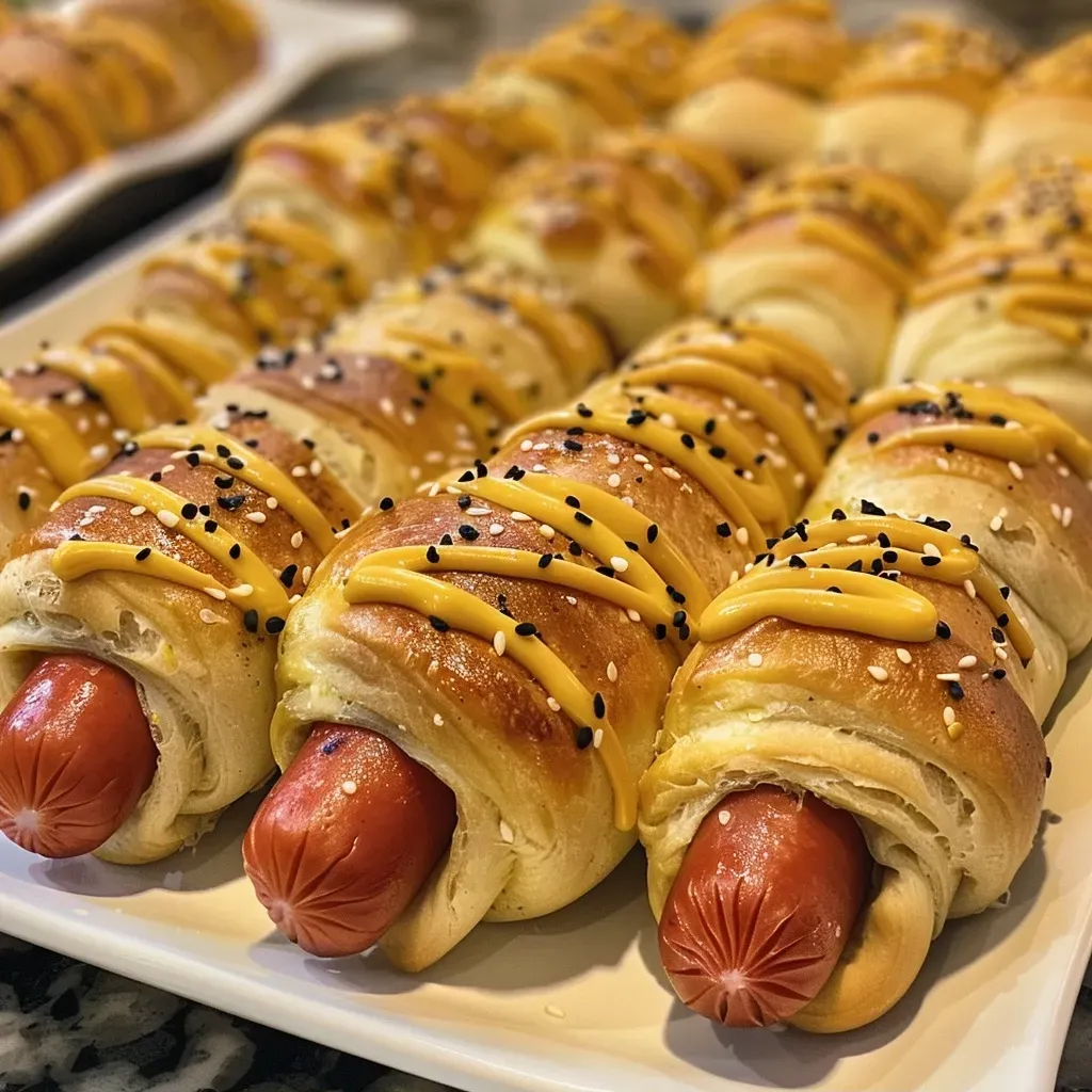 Juicy Mummy Hot Dogs displayed with black sesame seeds and candy eyes.