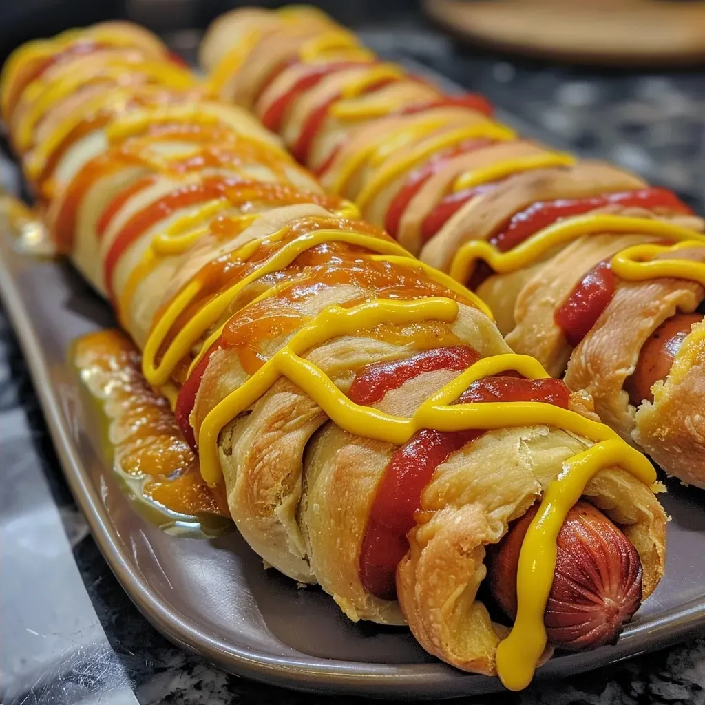 Juicy Mummy Hot Dogs displayed on a plate, featuring cheese dip and condiments.