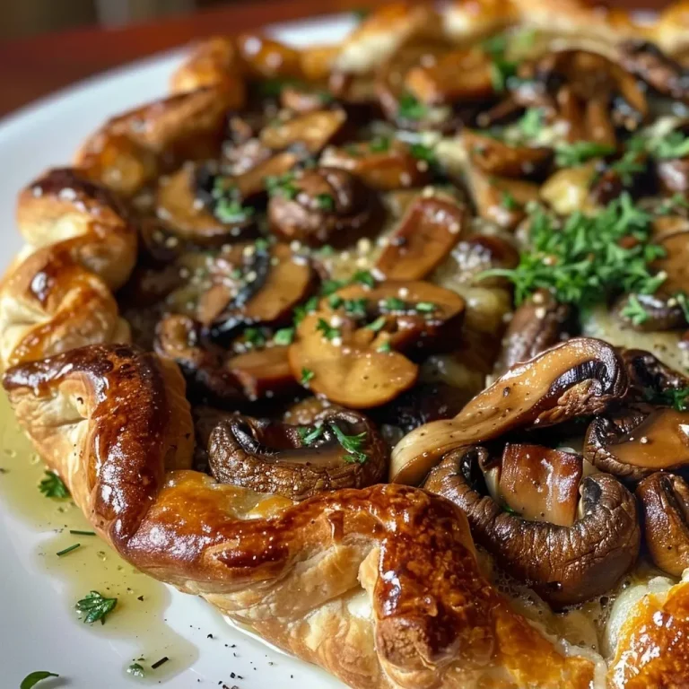 The Flaky Mushroom Galette That Invites Everyone to the Table Close-up of a flaky mushroom galette with golden-brown crust.