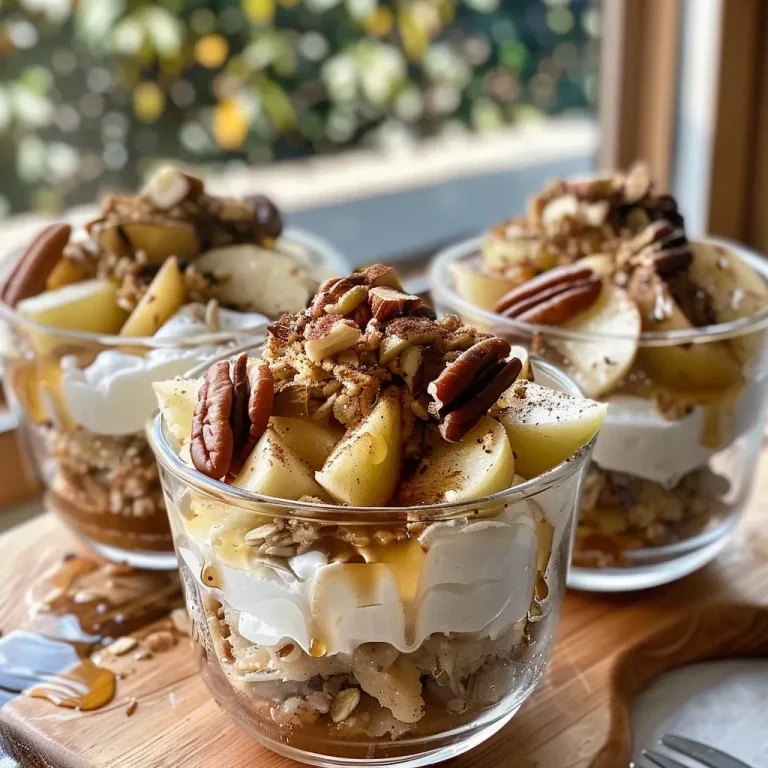 Layers of Joy: Crafting No-Bake Apple Pie Parfaits for Every Gathering Close-up of layered No-Bake Apple Pie Parfaits in a glass, showcasing apple filling and cream.