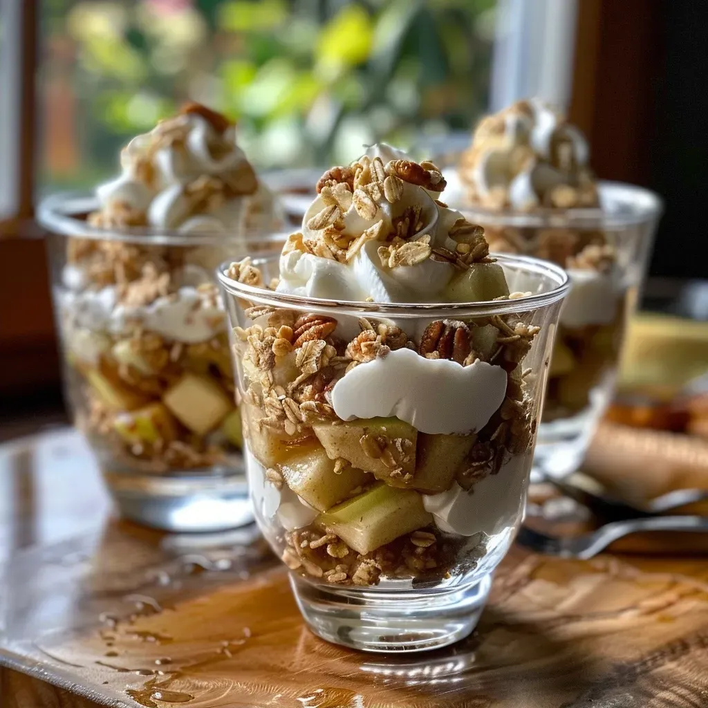 Side view of a No-Bake Apple Pie Parfait, showcasing diced apples and creamy layers in a clear glass.