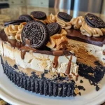 Side view of a No-Bake Peanut Butter Cheesecake topped with peanut butter cups.
