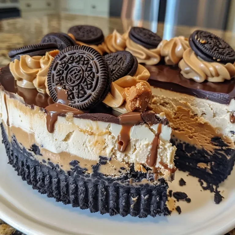 A No-Bake Delight: How My Peanut Butter Cheesecake Became the Star of Every Gathering Side view of a No-Bake Peanut Butter Cheesecake topped with peanut butter cups.