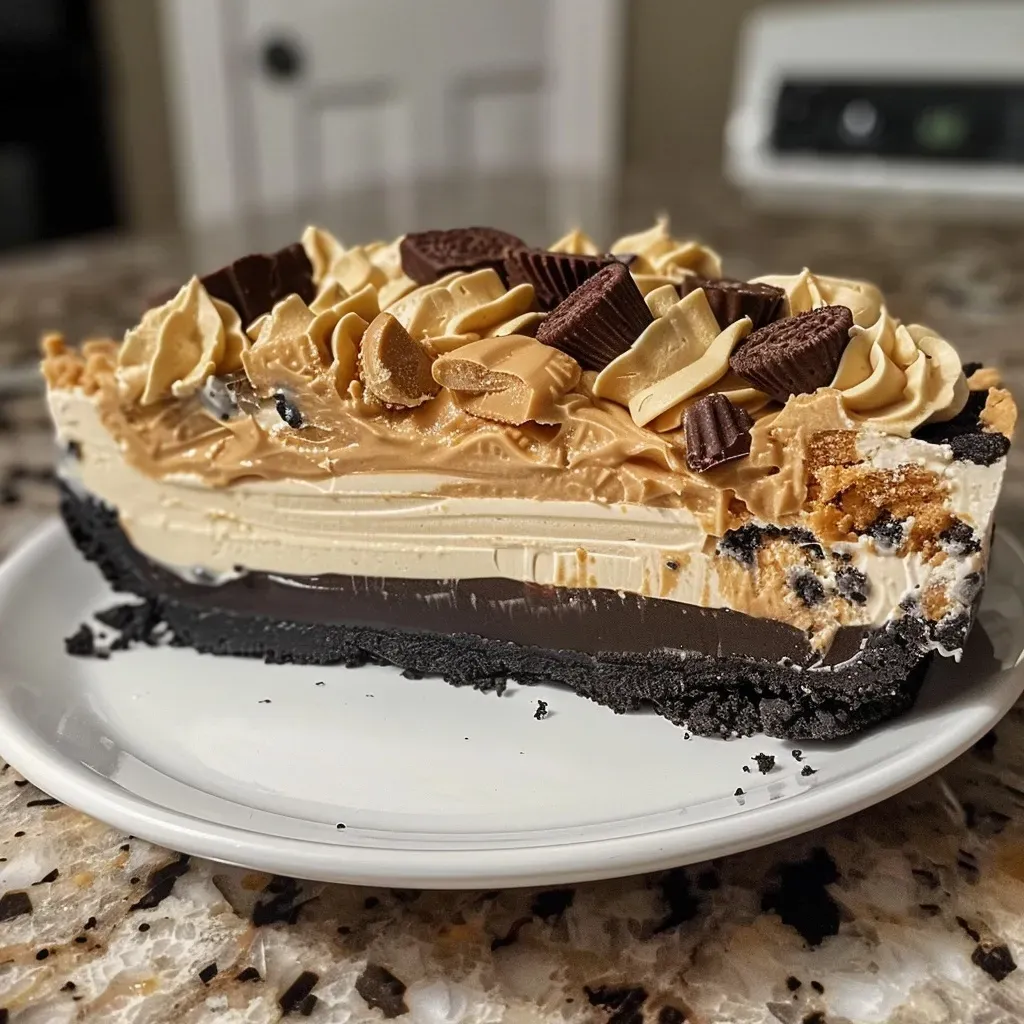 Close-up view of a creamy peanut butter cheesecake with an Oreo crust and chocolate drizzle.