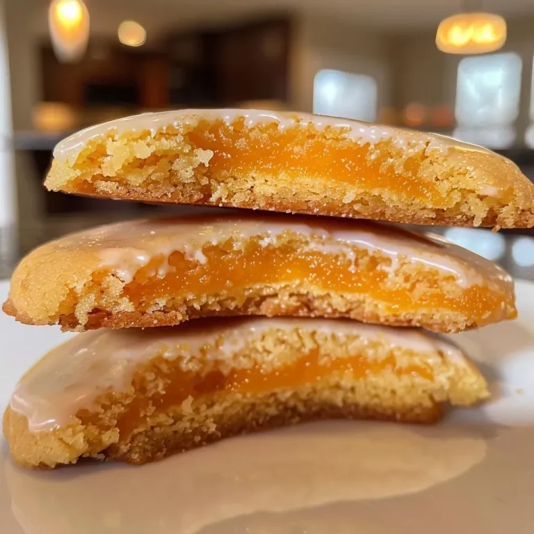 Close-up of a golden orange cookie with a textured surface, showcasing a creamy orange filling.