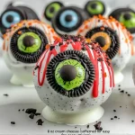 Close-up of a Halloween truffle shaped like an eyeball with colorful details.