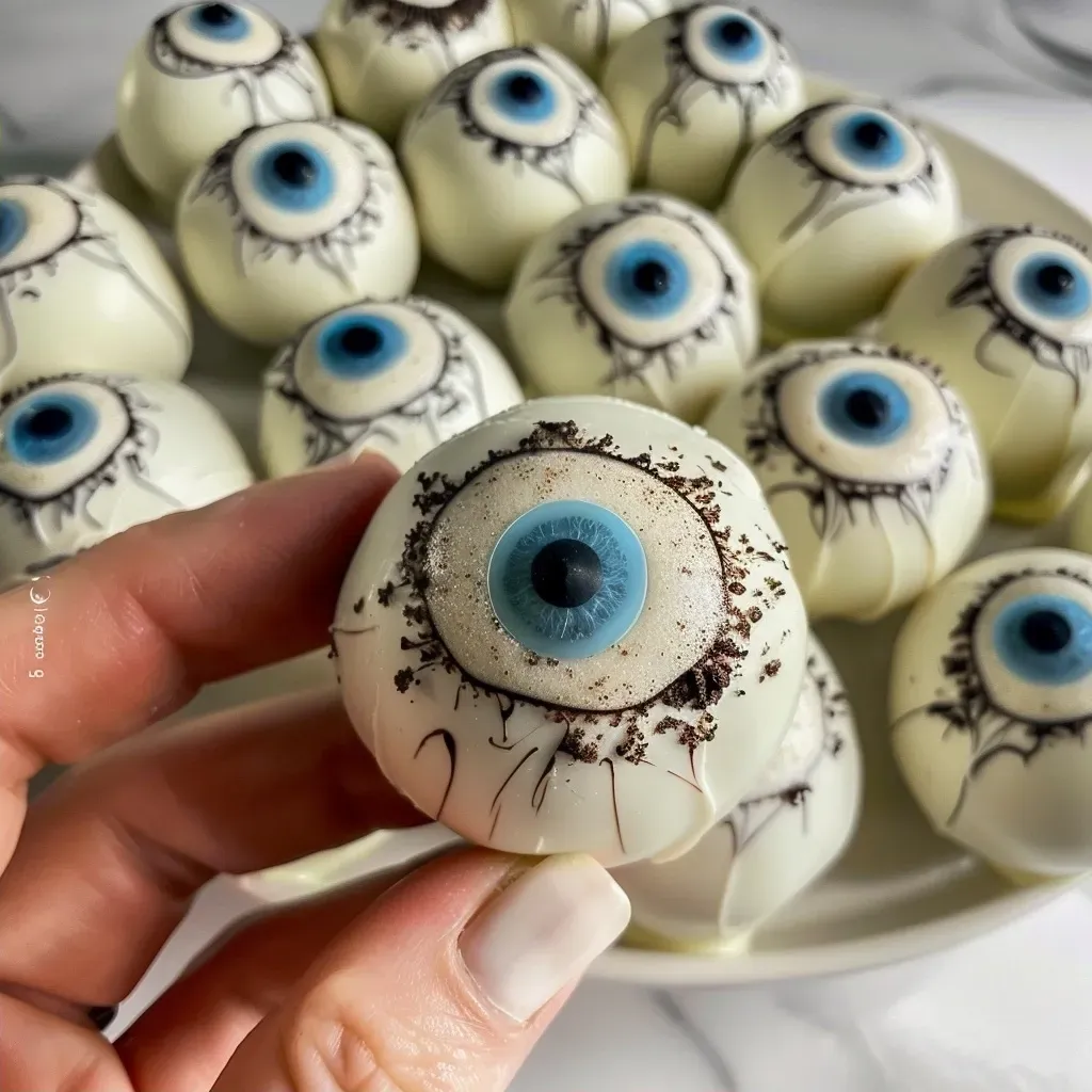 Side view of an Oreo ball truffle resembling a spooky eyeball, with red and green decorations.