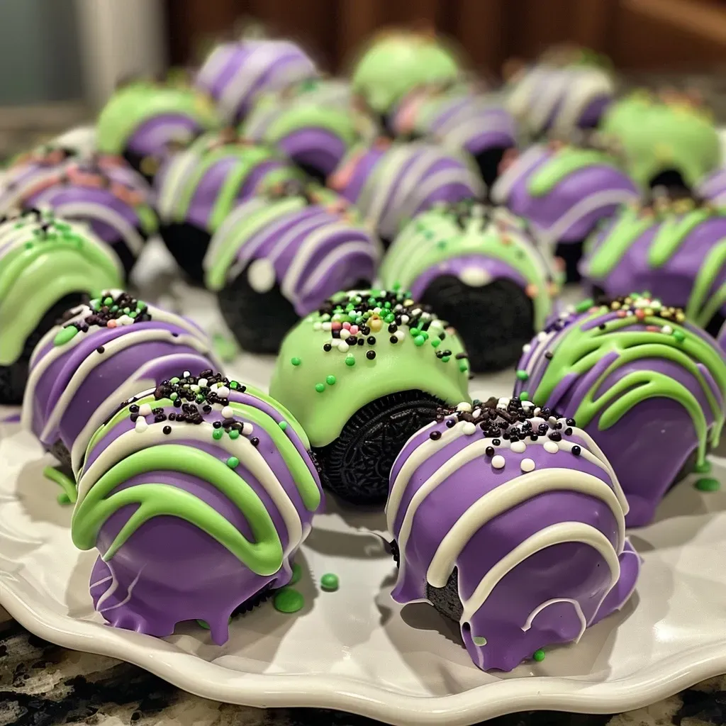 Side view of several decorated Oreo balls featuring vibrant melting wafers and sprinkles.