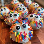 Close-up view of Oreo Eyeball Truffles with candy eyes and sprinkles.