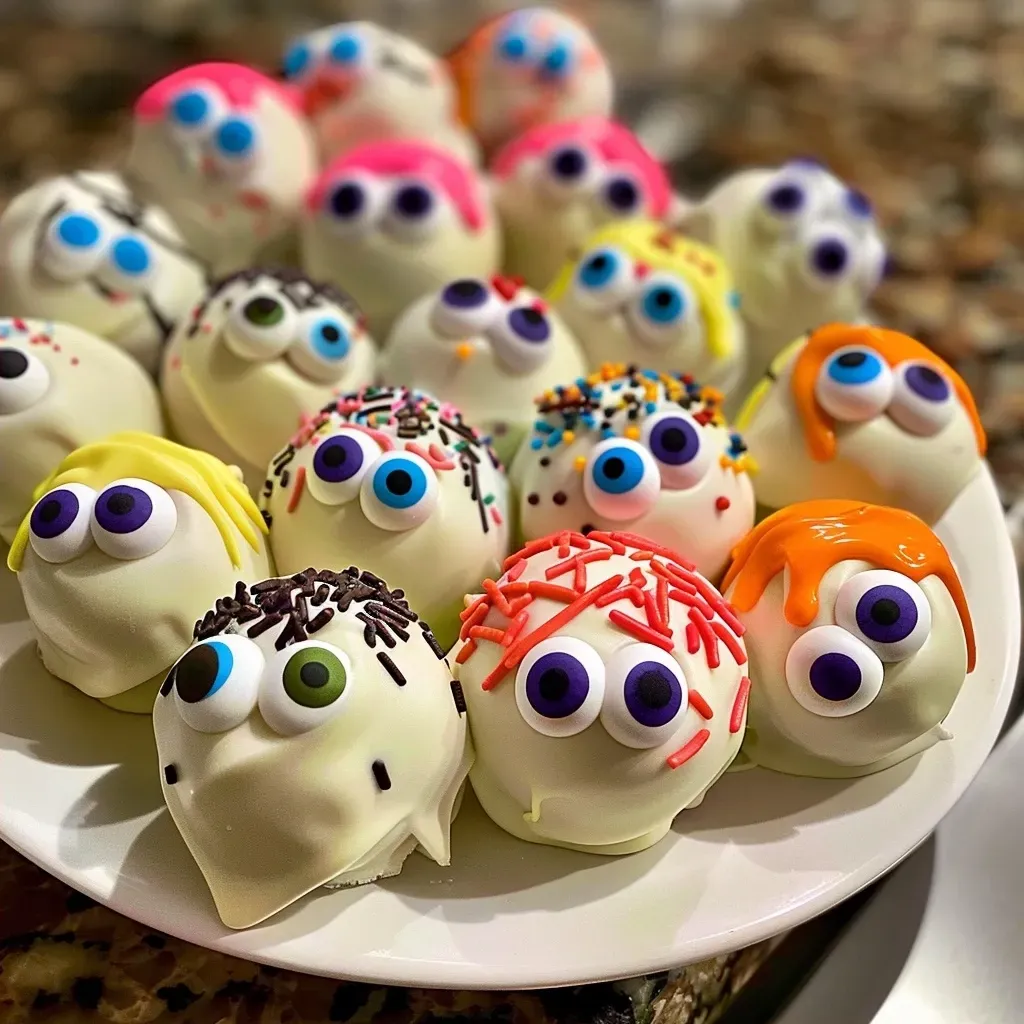 Side view of colorful Oreo Eyeball Truffles on a plate.