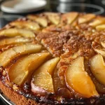 A side view close-up of a Pear and Ginger Upside-Down Cake, showcasing caramelized pears on top.