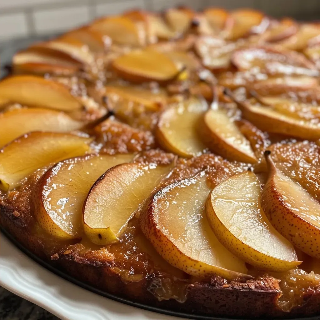 Juicy Pear and Ginger Upside-Down Cake with a golden-brown crust, displayed on a wooden table.