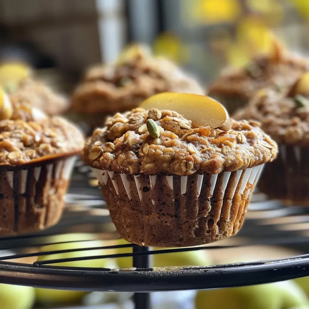 Side view of freshly baked Pear Cardamom Oatmeal Muffins, showing a textured surface and pieces of pear.