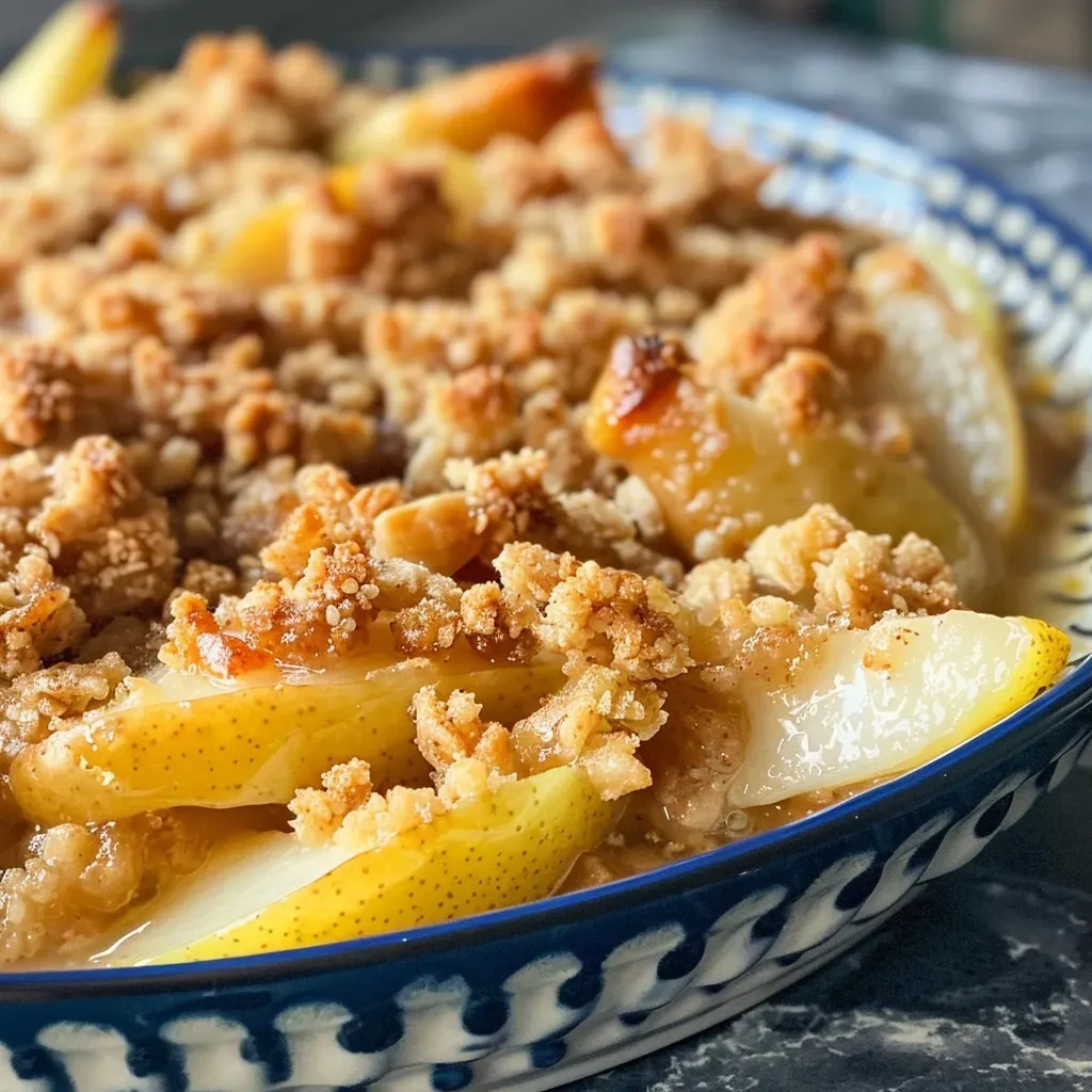 A close-up side view of a warm pear crumble, showcasing the golden-brown topping and sliced pears.