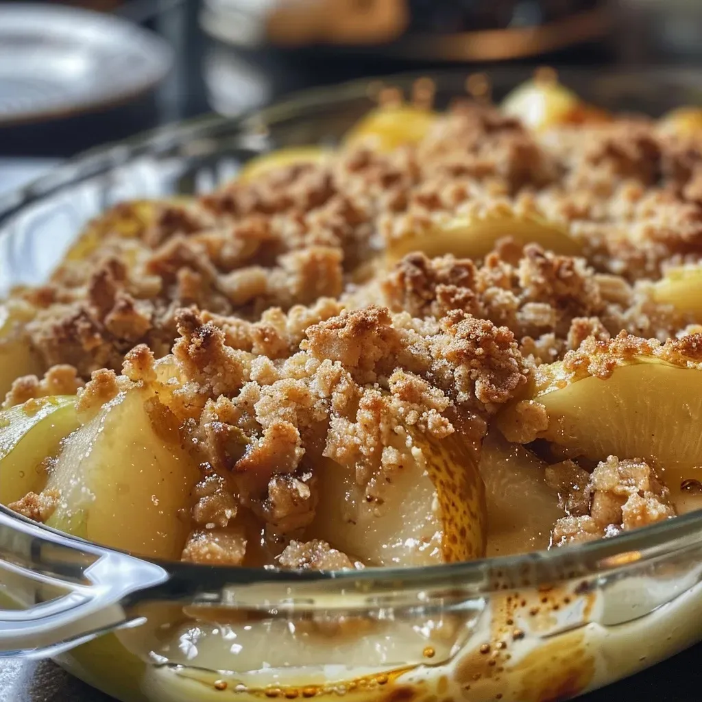 A detailed image of a delicious pear crumble dish with a crispy crust, highlighting the juicy pears underneath.